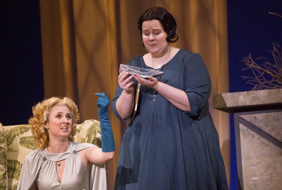 Cinderallas Jamie Unger (from left) and Alexandra Tiller react to the glass slipper being the only memento of the ball during a Feb. 18 rehearsal of Jules Massenet's "Cendrillon." The UNL opera program performs the spin on the classic Cinderella tale on Feb. 21 and 23.