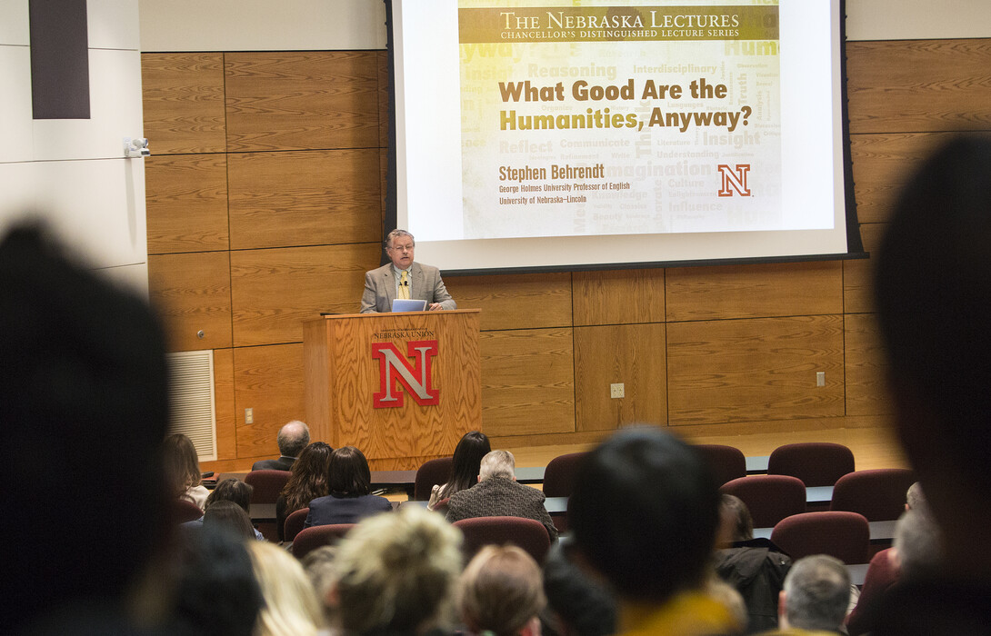 Stephen Behrendt, professor of English, discusses the importance of humanities during the April 16 Nebraska Lecture in the Nebraska Union.