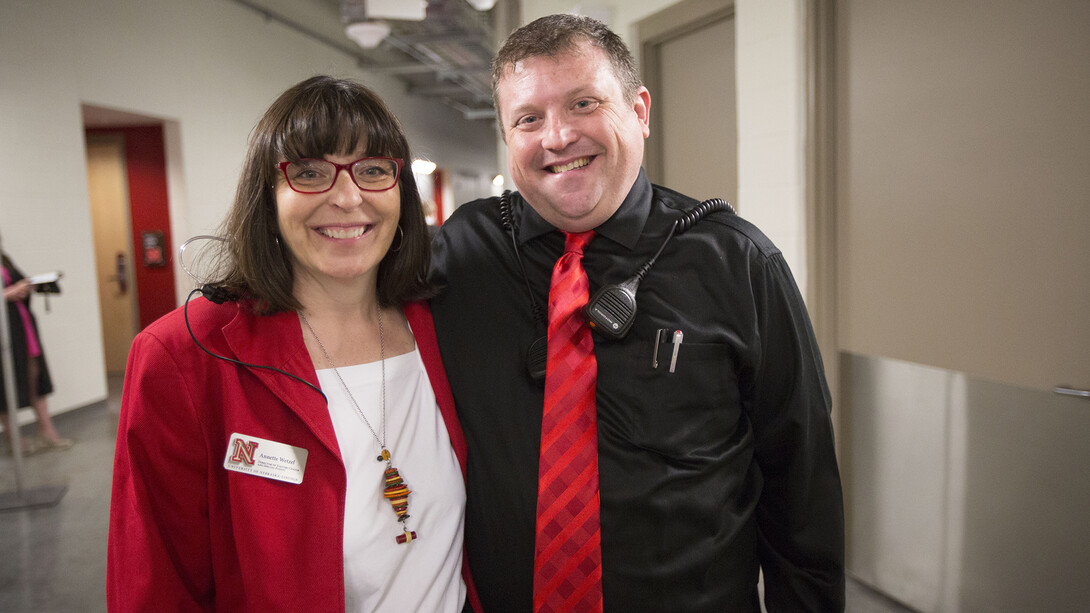 Nebraska's events coordination team includes (from left) Annette Wetzel and Corrie Svehla. Svehla loves the logistical curve balls that come with the job. One of his favorite challenges was figure out how to make campus glow red for the N150 celebration earlier this year.