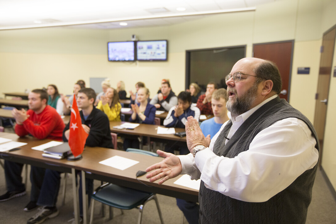 Charles Braithwaite leads the Global Classroom with UNL students in April 2013. The Global Classroom allows interaction with students from Russia, Yemen, Pakistan, Turkey, Costa Rica and Spain.