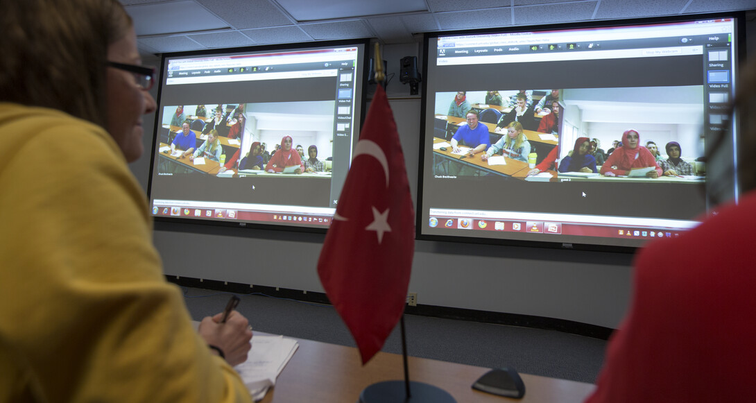 UNL Students interact with their peers in Turkey during an April 2013 session of the Global Classroom led by Charles Braithwaite. 