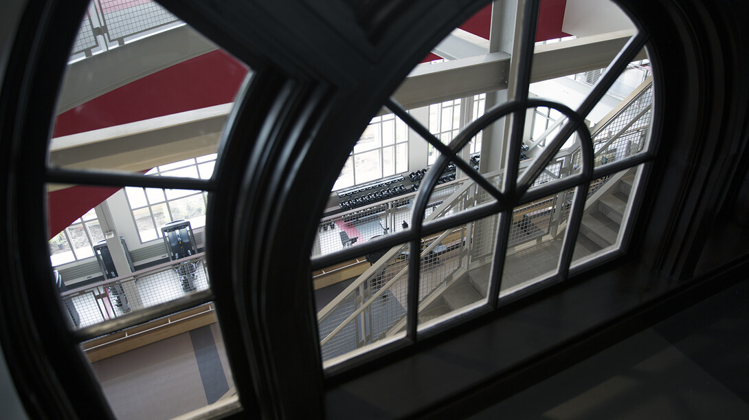 Architectural elements from the Activities Building, including this window, were kept through the renovation and expansion of the East Campus recreation center.