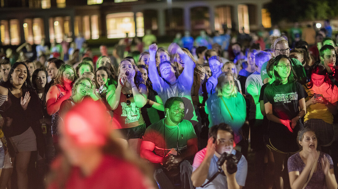 Students cheer during a dance competition held Aug. 20 as part of Big Red Welcome's Husker Beats event.