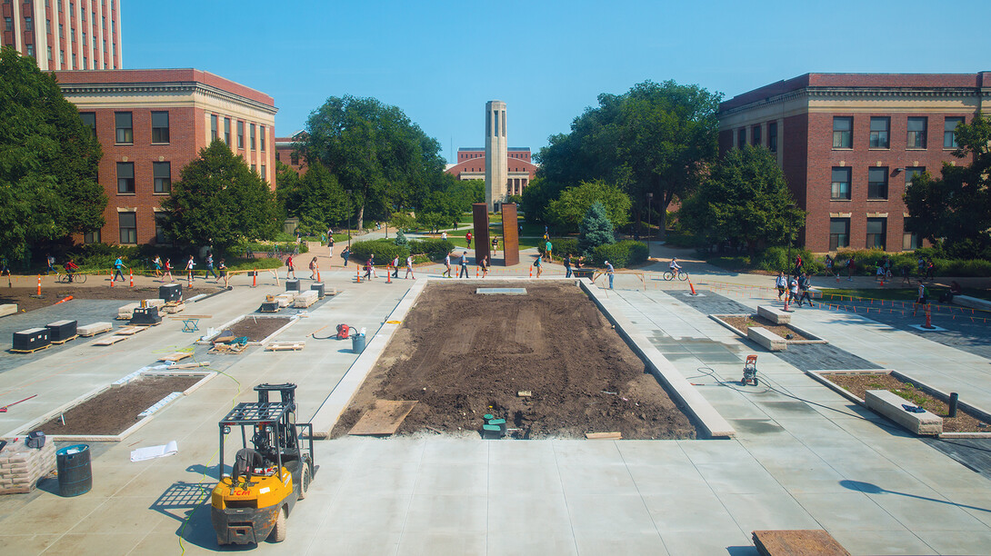 Construction continues on the new plaza that is part of the Love Library Learning Commons project. The plaza, which is on the north side of Love Library, includes three methods to help redirect rainfall into the ground and away from storm sewers. The project is part of UNL’s new commitment to stormwater management.