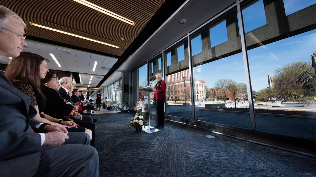 Nancy Busch, dean of the University Libraries, talks during the dedication ceremony in UNL's new Adele Coryell Hall Learning Commons.