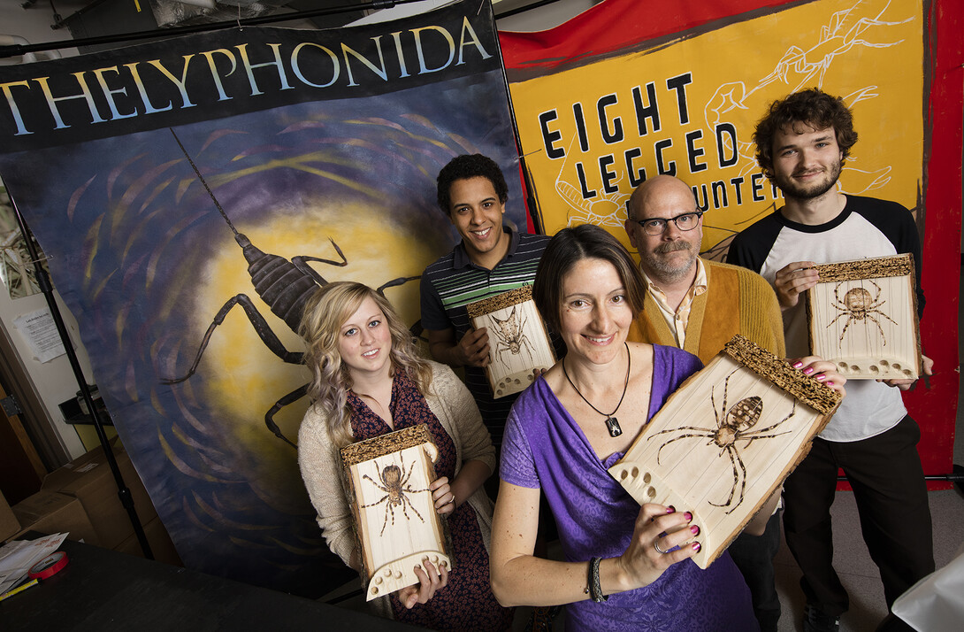 From left: Alissa Anderson, Rowan McGinley, Eileen Hebets, Pawl Tisdale and Colton Watts. With the help of Anderson, McGinley, Watts and other arachnologists, Hebets will present her Eight-Legged Encounters exhibit at the USA Science and Engineering Festival in Washington, D.C. Tisdale, a Lincoln-based artist, created posters and designed materials for the exhibit.