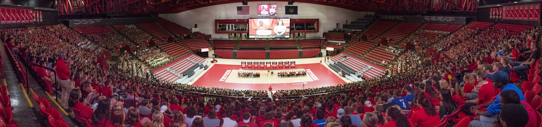 Panorama taken during New Student Convocation on Aug. 19 in the Devaney Sports Center.