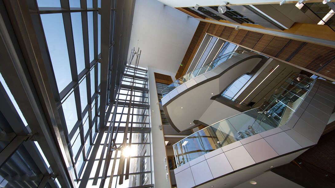 North staircase in Nebraska's new Howard L. Hawks Hall, home to the College of Business. The building will open for classes on Aug. 21.