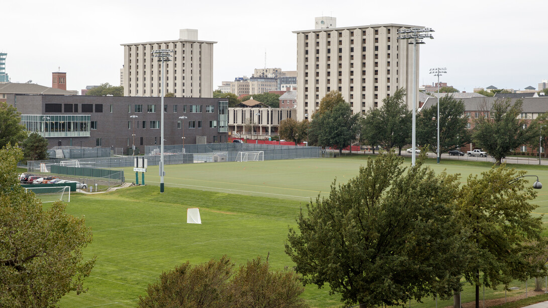 View of Pound (left) and Cather halls from the top floor of the 19th and Vine parking garage. The garage will serve as the public viewing area during the Dec. 22 implosion.