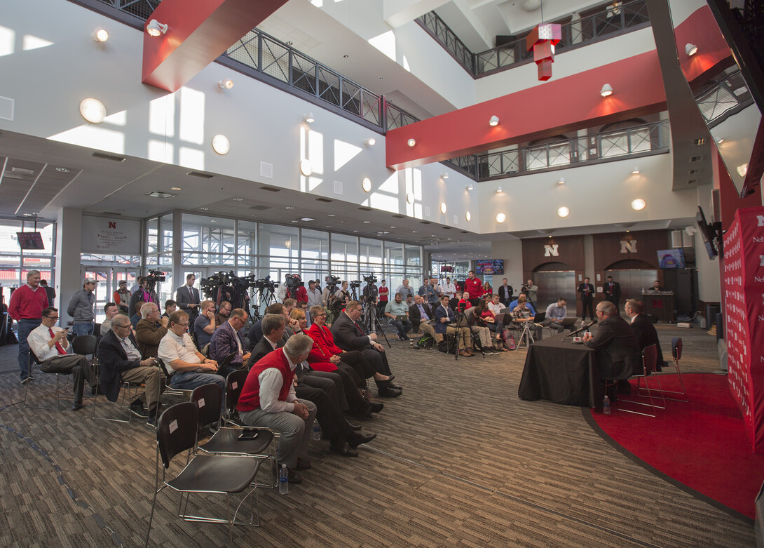 Reporters ask questions during Nebraska's Oct. 15 announcement that Bill Moos has been hired as director of athletics.