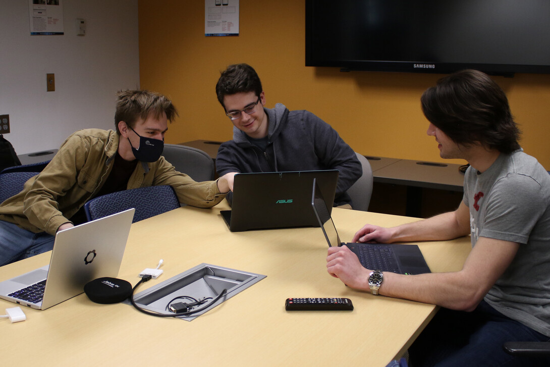 School of Computing Senior Design students (left to right) Cole Vaske, Will Swiston, Cody Binder work on their collaborative project with the Nebraska Water Center.