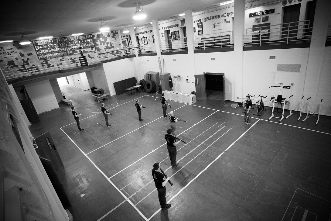 Nebraska's Pershing Rifles drill team practices in the Military and Naval Science Building. The team is open to all current students, including civilians, U.S. military service men and women and participants in ROTC programs.