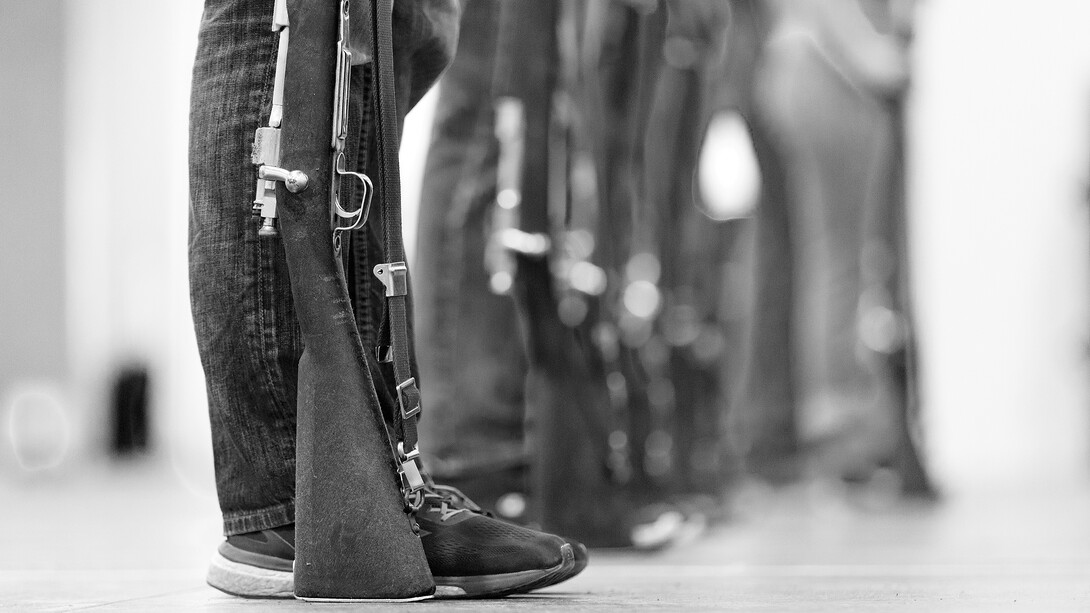 Members of the Pershing Rifles drill team line up during a practice session. The team plans to perform during campus events in the 2018-19 academic year.