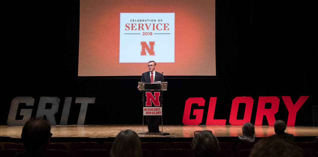 Chancellor Ronnie Green addresses the nearly 300 faculty and staff who attended the Celebration of Service in Kimball Recital Hall on Sept. 25.