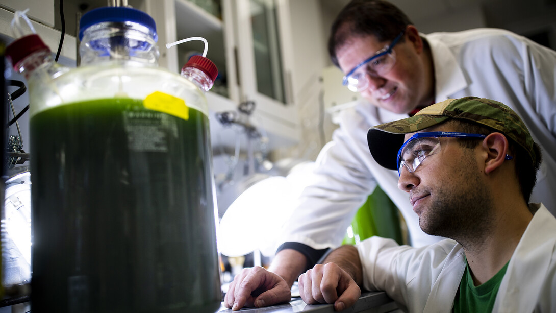 T.J. Nicodemus, a graduate student from Lakeville, Indiana, and lab manager Mark Behrens, eye an experiment using algae and certain wavelengths of light to remove nitrates from groundwater. The research is part of Nebraska’s Department of Biochemistry.