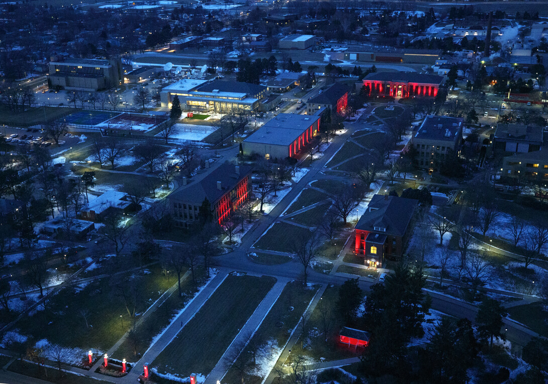 The mall on East Campus sparkles for the Glow Big Red event.