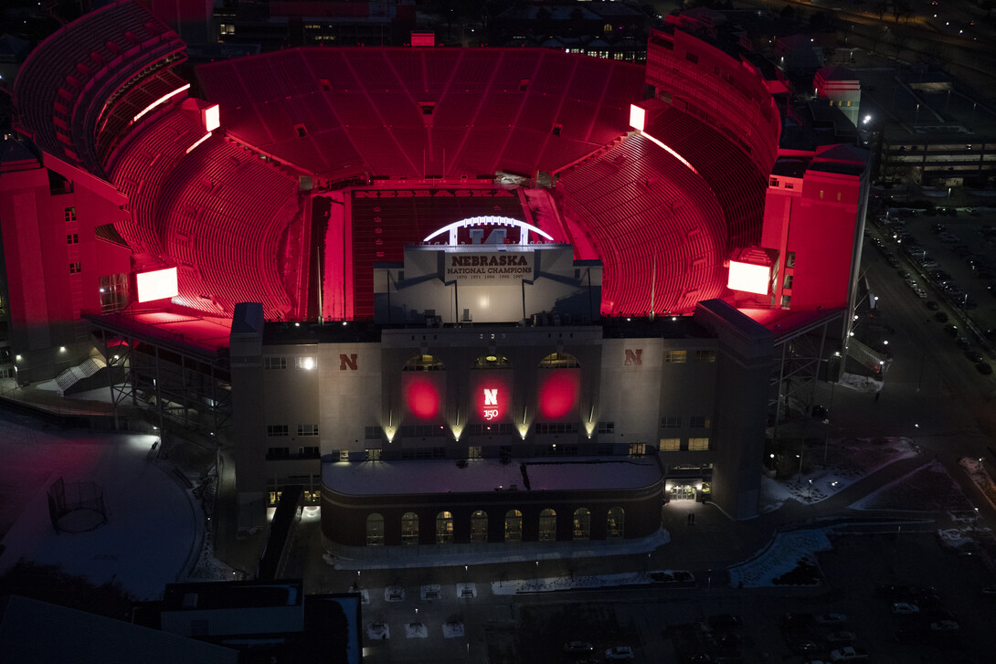 A sea of red blankets Memorial Stadium in honor of Charter Week at the University of Nebraska–Lincoln.