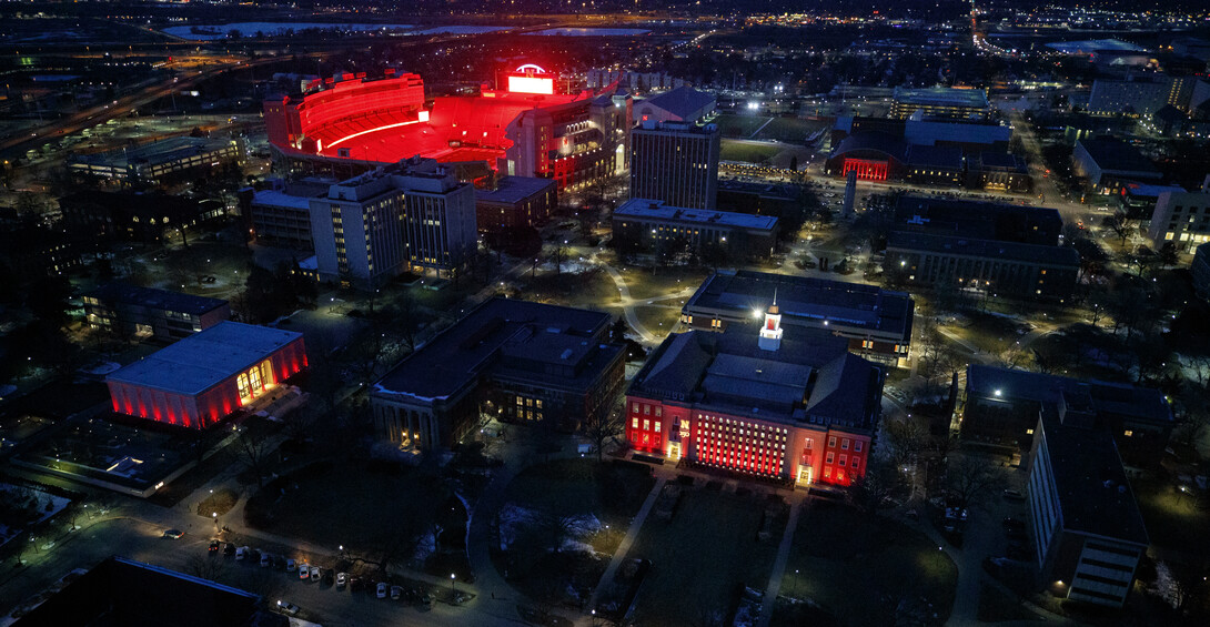 City Campus building shine during the Glow Big Red event on Feb. 14.