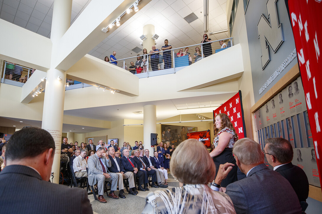 Delaney Bachman, a senior chemical engineering major, addresses the crowd during the Sept. 16 announcement of the naming of Nebraska Engineering’s Kiewit Hall. When complete, the building will be used primarily for student instruction and the home to the Lincoln-based construction management program.