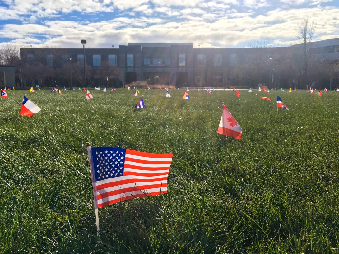 International flag display on the Green Space outside the Nebraska Union from 2019.