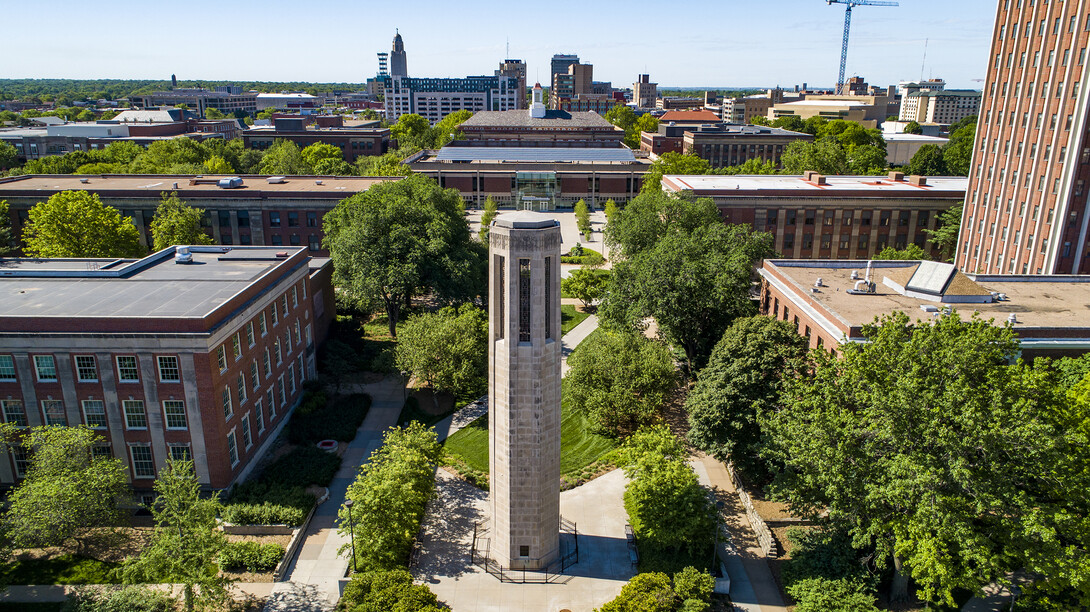 South side of City Campus behind the Mueller Bell Tower. Drone footage of City Campus. May 29, 2020. 