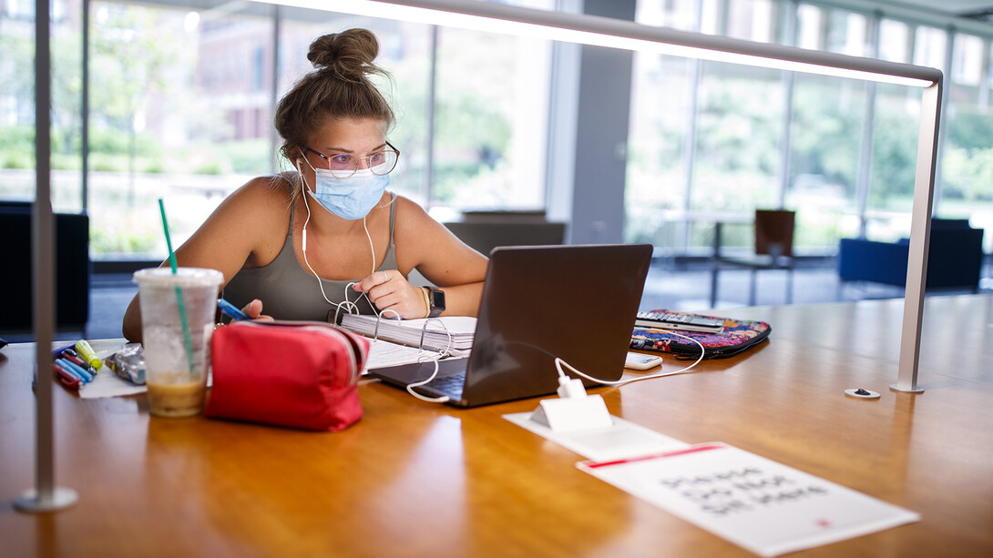 Jacilin Stonacek, a senior from Lincoln, studies in the Adele Hall Learning Commons on Aug. 4. Campus facilities, including the University Libraries, are starting to reopen in preparation for the start of in-person, on-campus instruction this fall. The semester begins Aug. 17 with a week of remote learning.