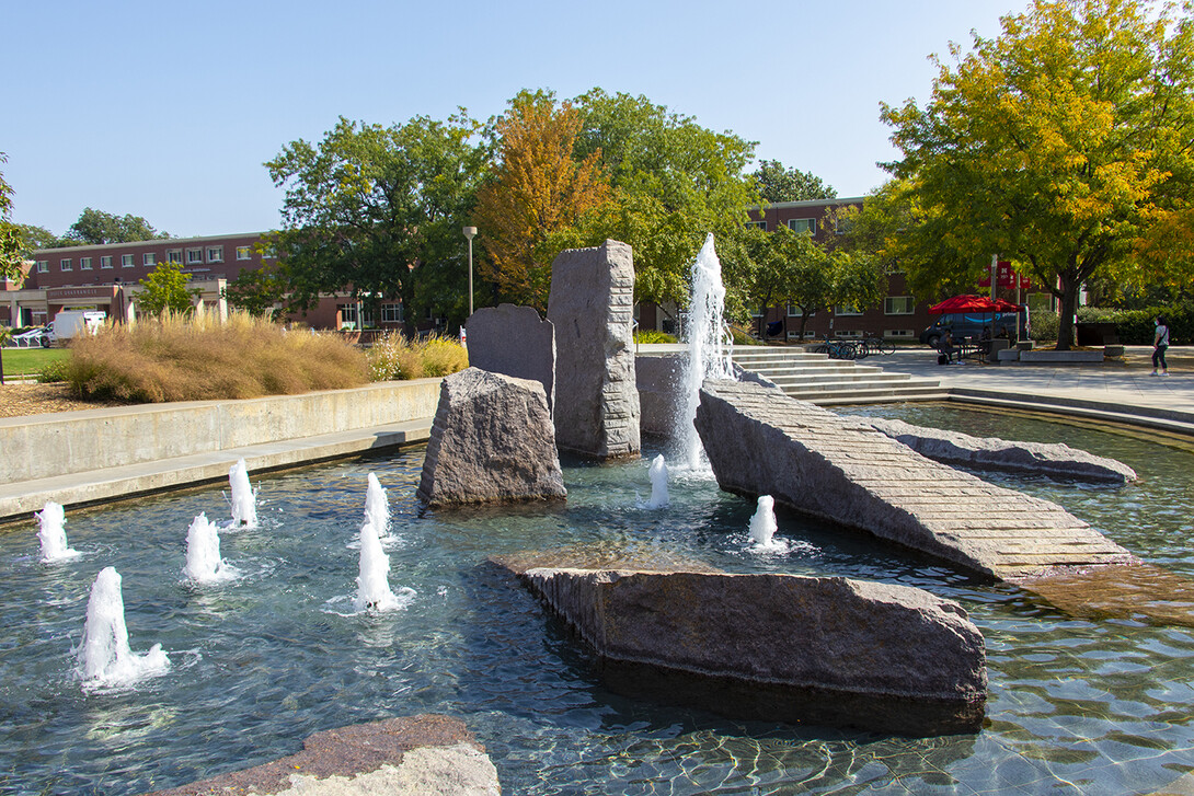 Broyhill Fountain is located in the plaza on the north side of Nebraska Union.