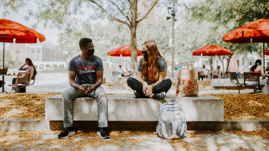 Students talking at Union Plaza