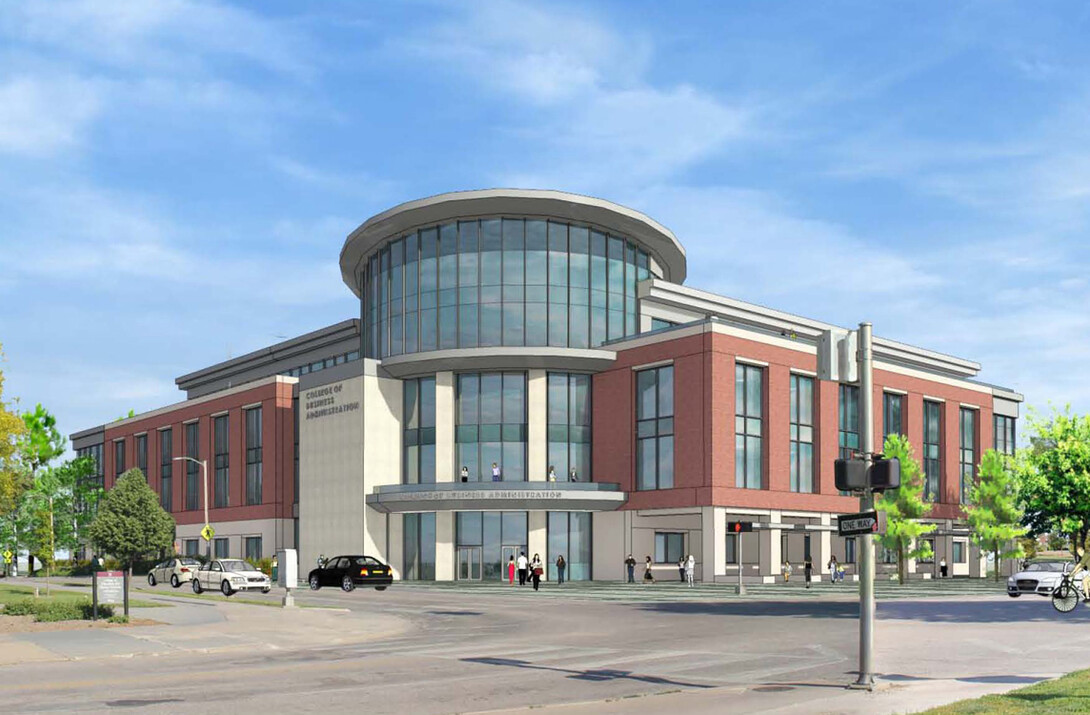 Concept drawing of the new College of Business Administration building proposed for the corner of 14th and Vine streets.