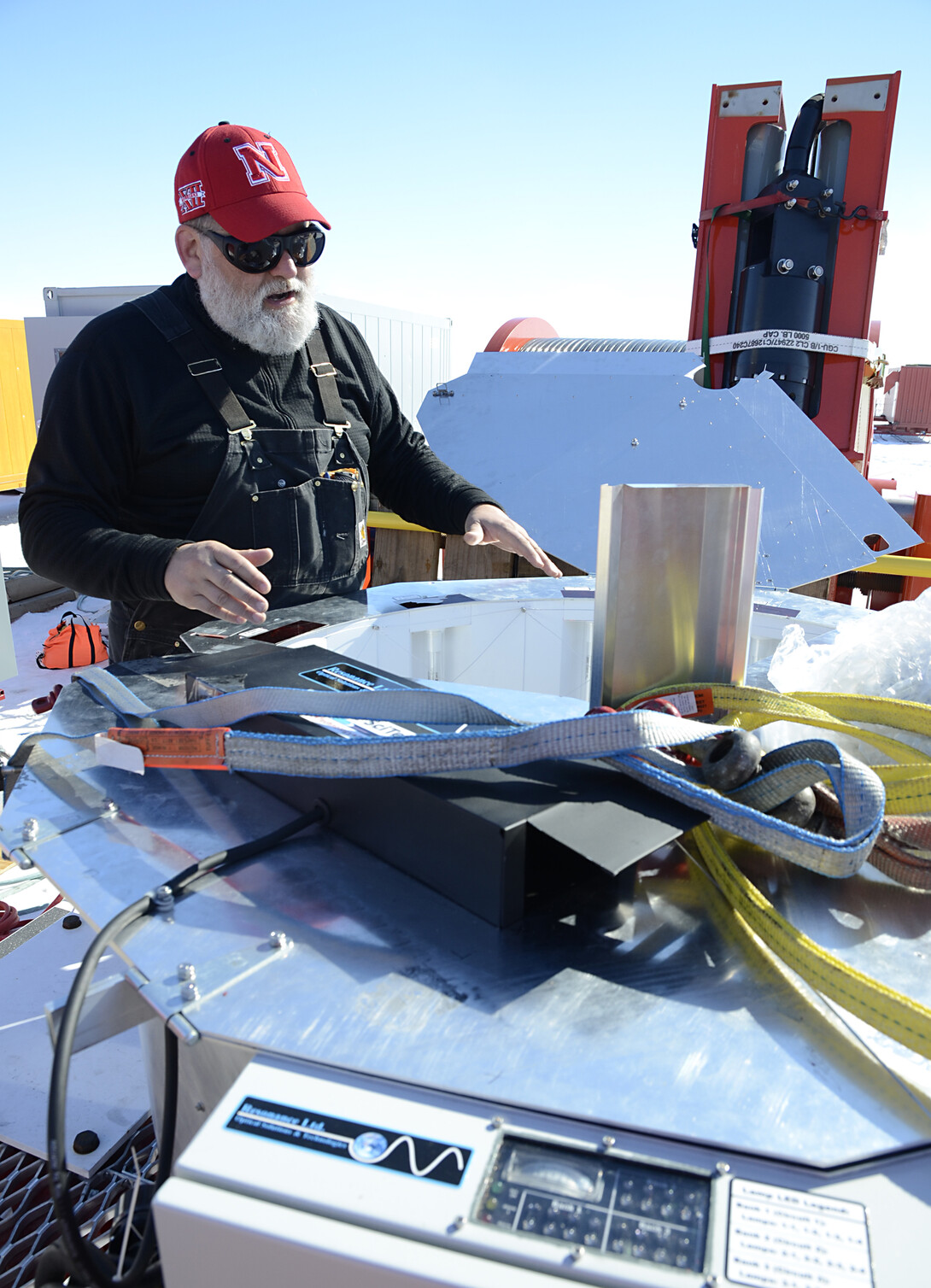 During December testing of the drill, Frank Rack explains the operation of the drill's UV collar used ot decontaminate hoses and cables to be deployed downhole.