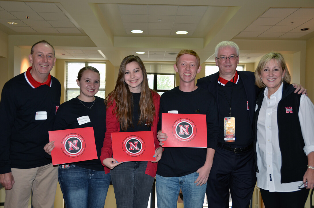 Three students received scholarships during the Oct. 5 celebration of UNL's Nebraska at Oxford program. Pictured (from left) are Martin Holmes, Nebraska at Oxford Program director and lecturer in political economy at Oxford; scholarship award winners Marissa Curtis, Christina Guthmann and Adam Smith; Nicholas Horsewood, assistant director of the program and lecturer in international economics at Oxford; and Donde Plowman, dean of CBA.
