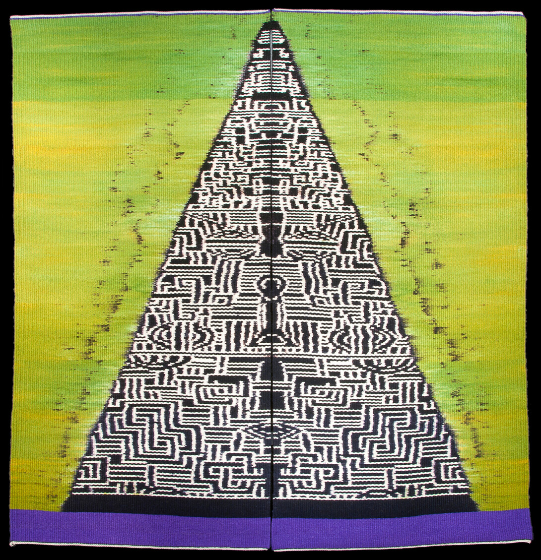"Mountain for Buddha — Envy," a weft-faced ikat tapestry (wrapped, dyed and woven wool on linen warp) made by Mary Zicafoose.
