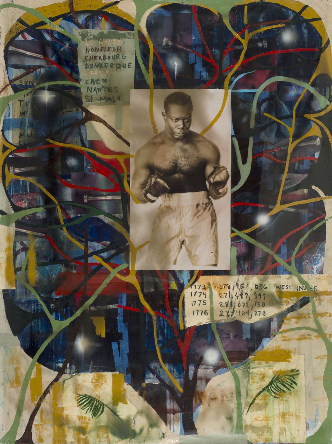 Untitled, by Radcliffe Bailey, 2000, mixed media and collage on paper, 80 1/2 x 60 in. (Courtesy image/Radcliffe Bailey and Jack Shainman Gallery, New York)