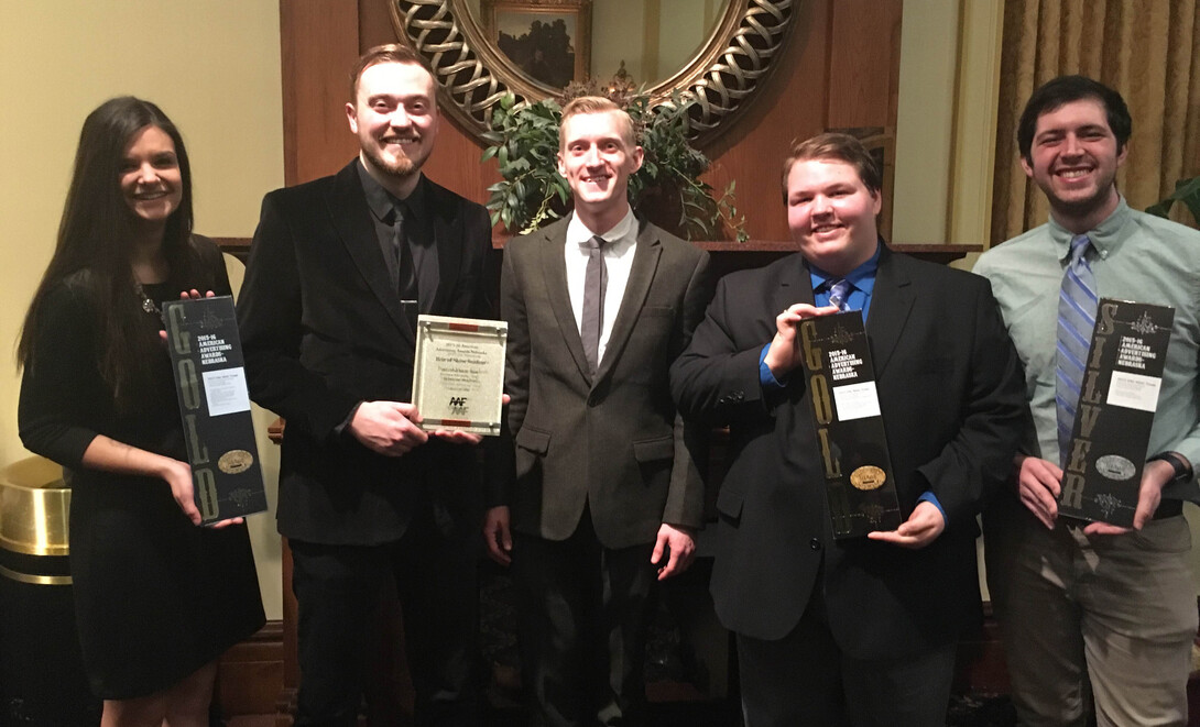 The 2015 UNL NSAC team -- including (from left) Shelby Rohlff, Rhett Muller, Chris Dorwart, Casey Venema and Will Stott -- won three awards at the Nebraska American Advertising ADDY Awards Feb. 20 in Omaha.