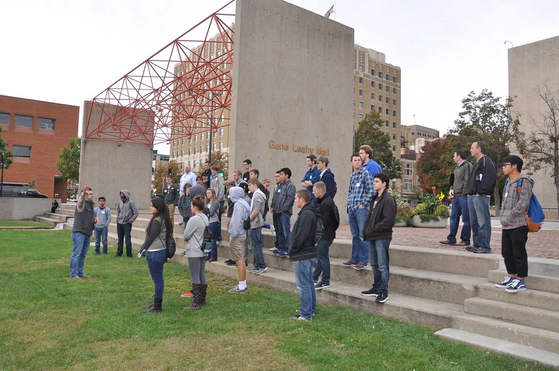 UNL College of Engineering students tour Omaha's Gene Leahy Mall in 2014.