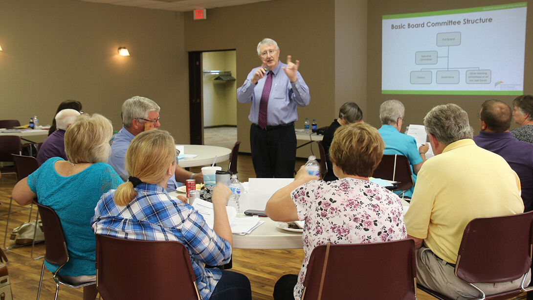 Vernon Waldren, extension educator emeritus, leads a nonprofit board boot camp in Tekamah in 2016. Nebraska Extension is partnering with the Nonprofit Association of the Midlands to offer the boot camps across the state this fall.