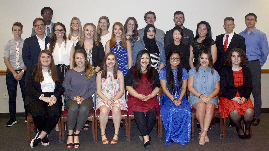 Franco's List awardees include (back row, from left) Lindsey Jarema, Ivy Williams, Kelsey Rodis, Lauren Brown-Hulme, Addison Pauley, Matt McMullin and Nickolaus St. Onge; (middle row, from left) Karl Shaffer, Lauren Taylor, Courtney Philips, Emma Himes, Zainab Saleh, Jeong Ah Kim, Xinyue Wang, Eric Bohnenkamp and Steven Kirchner; (front row, from left) Alexis Grossnicklaus, Hannah DePriest, Cassidy Taladay, Brittany Hamor, Mickey Tran, Alexis Gass and Hallie Hohbein. Not pictured are Cannon Ahre