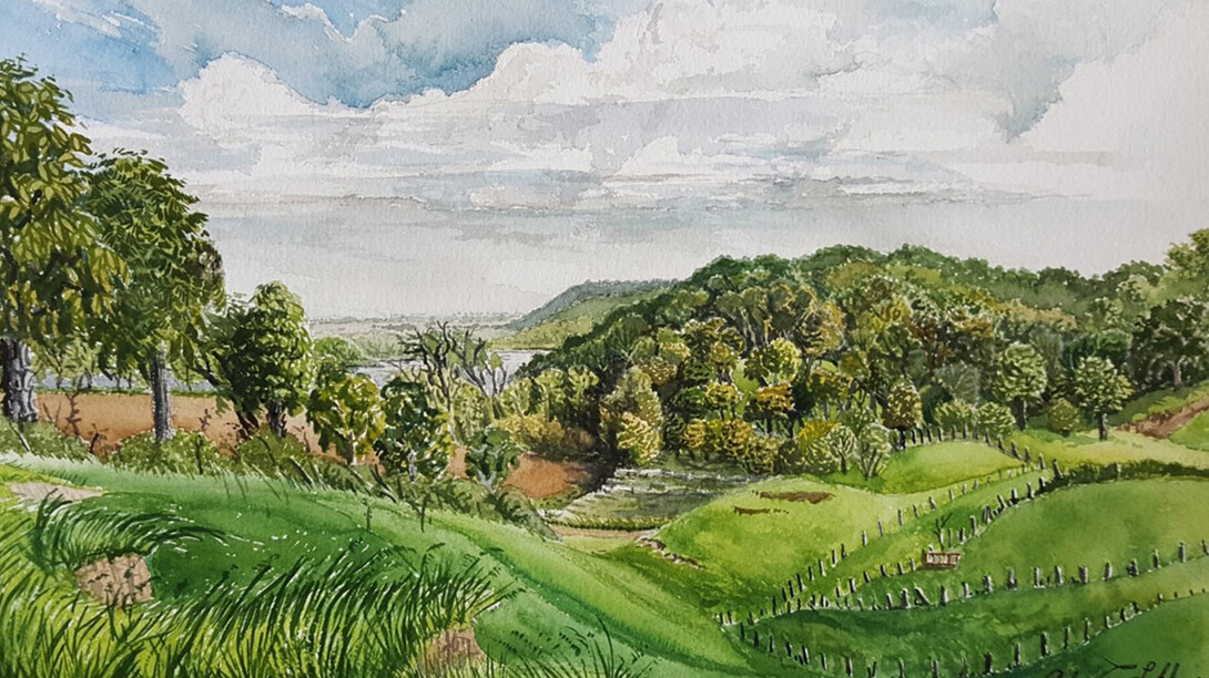Excerpt of "Old Stone Quarry and Pasture, Barada Hills" by John Lokke, watercolor on paper