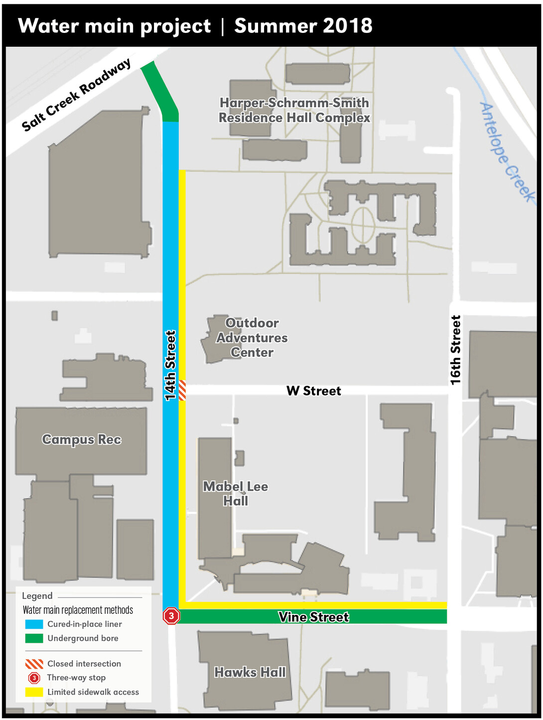 Water main improvements along 14th and Vine streets are bringing temporary traffic changes on City Campus. The work starts in earnest the week of May 14. Click to enlarge.