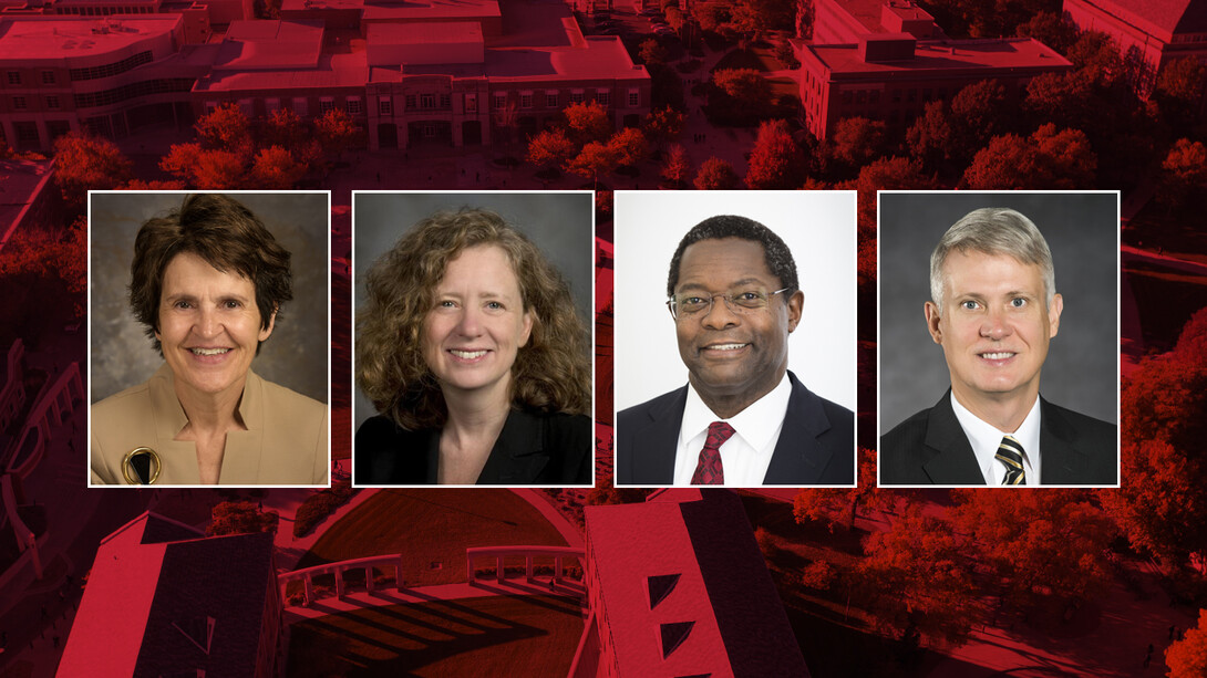 Four finalists — (from left) Laurie Nichols of Black Hills State, Elizabeth Spiller of UC Davis, Samuel Mukasa of U. of Minnesota, and John Wiencek of U. of Idaho — will interview to become the next executive vice chancellor. Public presentations begin Oct. 2.