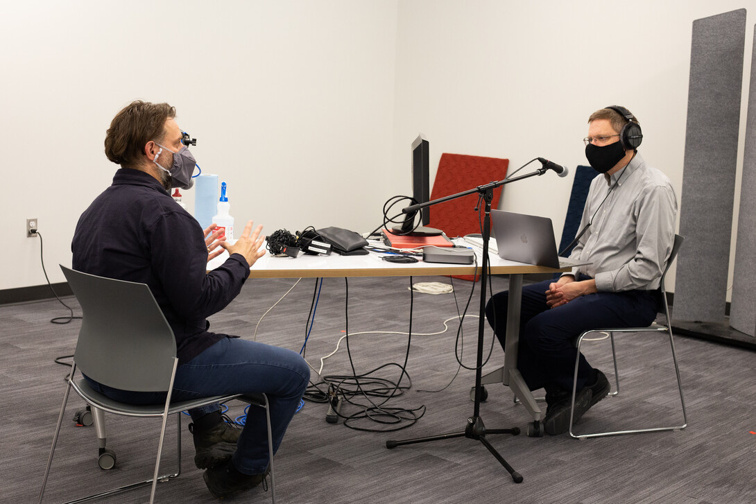 Associate Dean Christopher Marks interviews Assistant Professor of Emerging Media Arts Jesse Fleming for an upcoming episode of the ArtsCast Nebraska podcast.