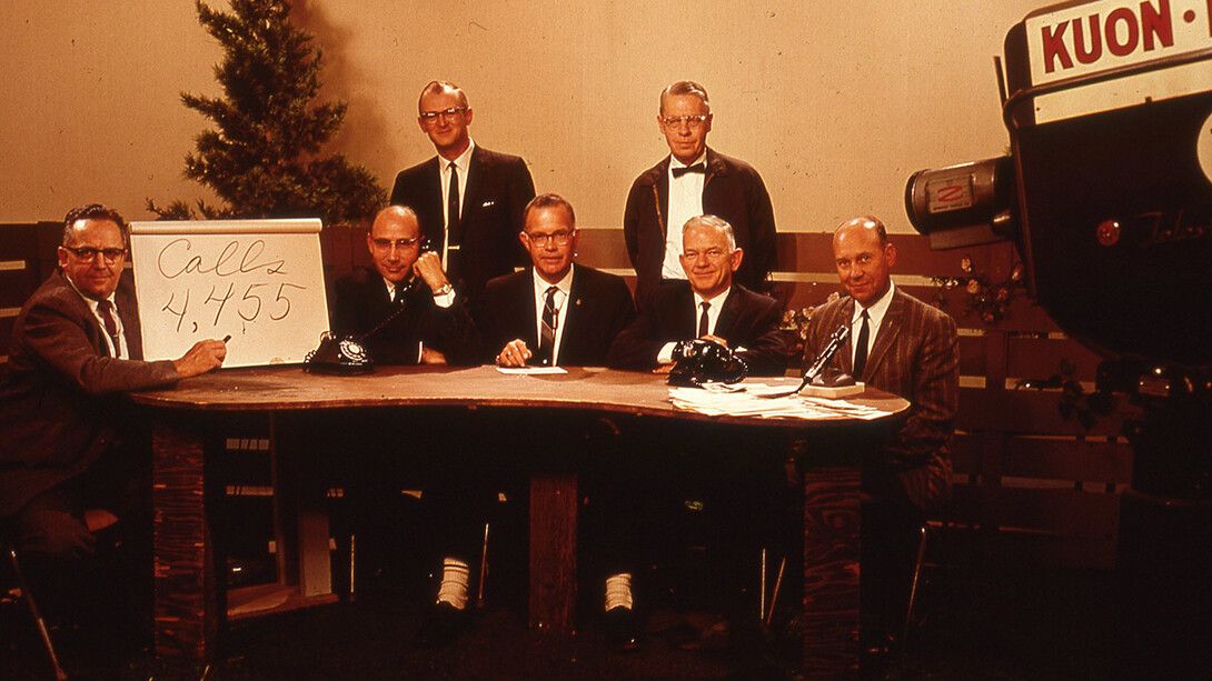 “Backyard Farmer,” the longest-running locally produced TV program in the country, celebrates its 70th anniversary this spring. Pictured here during the show’s 1967 season are (from left) Wayne Whitney, extension horticulture specialist; John Wheihing, extension plant pathologist; Dwayne Trenkle (standing), co-host; John Furrer, extension turf and weed specialist; George Round (standing), founder and host; Bob Roselle, extension entomologist; and Cyril Bish, extension educator.