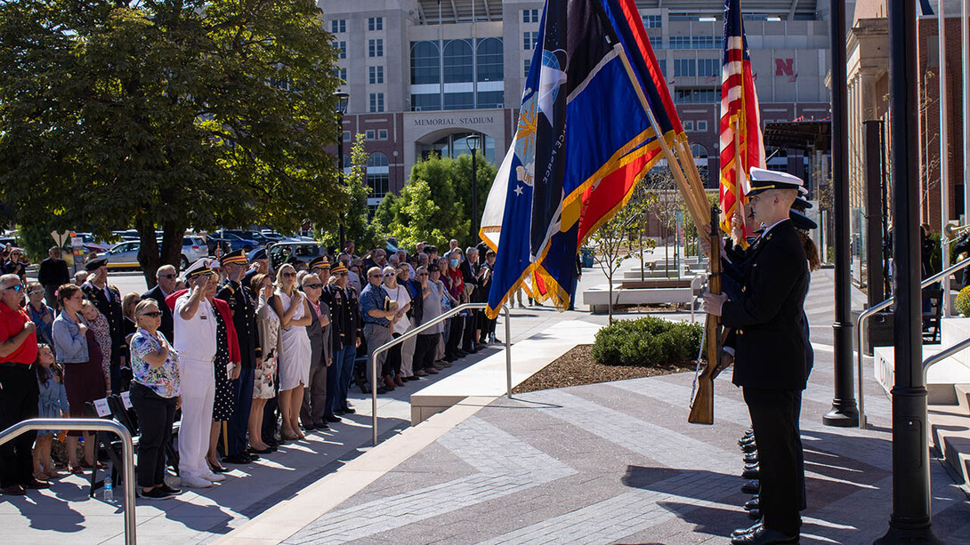 A color guard presents the flags during the dedication of the new Veterans Tribute.