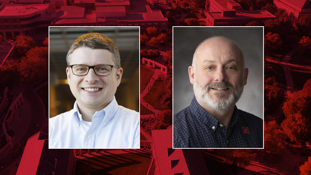 Color photos of Oleh Khalimonchuk and Richard Wilson on a red campus background