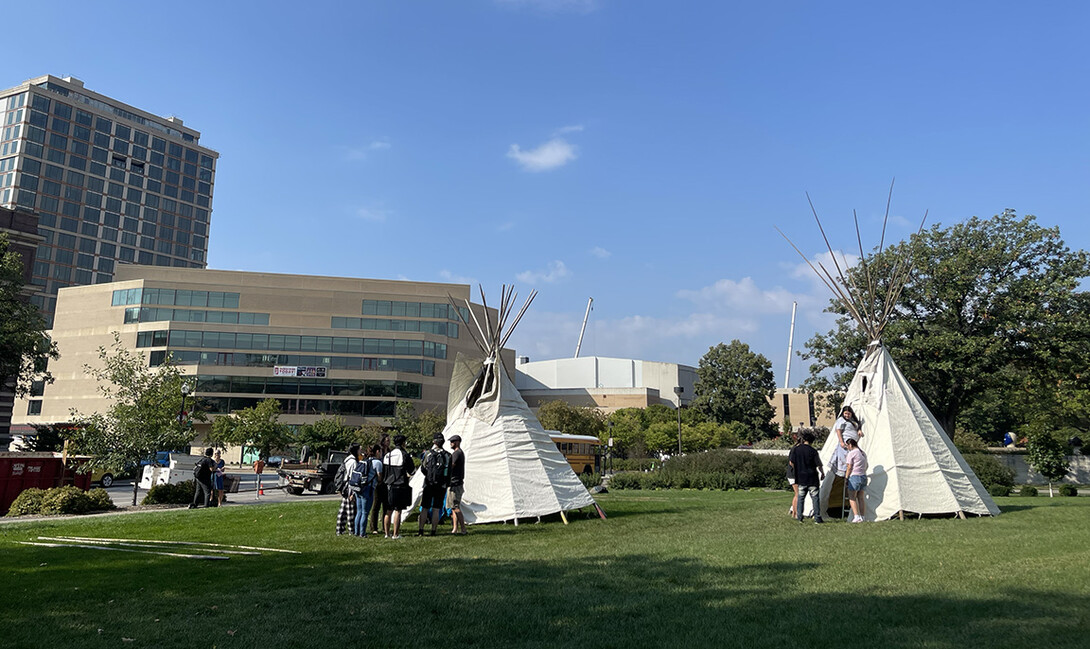 Two tepees were erected by student members of UNITE and others for Otoe-Missouria Day Sept. 21, 2023.