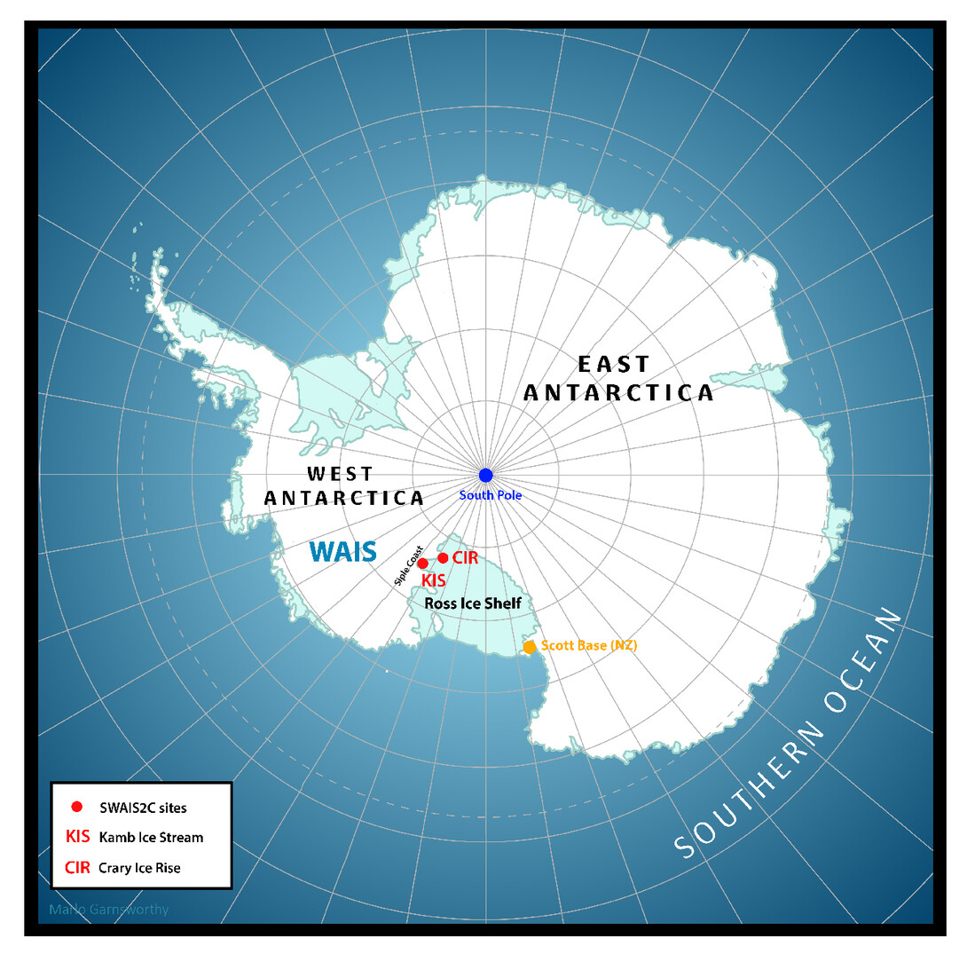 Map of Antarctica showing SWAIS2C drill sites on the Ross Ice Shelf.