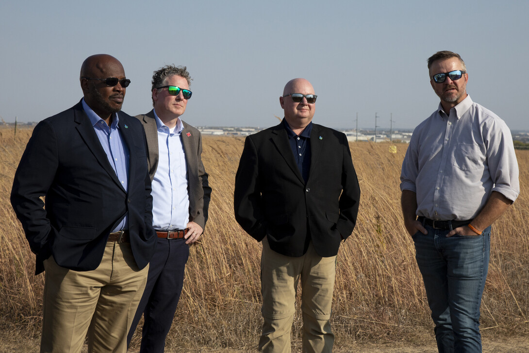 (From left) NRCS Chief Terry Cosby, IANR Dean Derek McLean, NRCS Regional Conservationist Curtis Elke and UNL Agronomy and Horticulture Professor Dirac Twidwell during an October 2024 visit to Nine-Mile Prairie outside Lincoln to view grassland conservation methods.