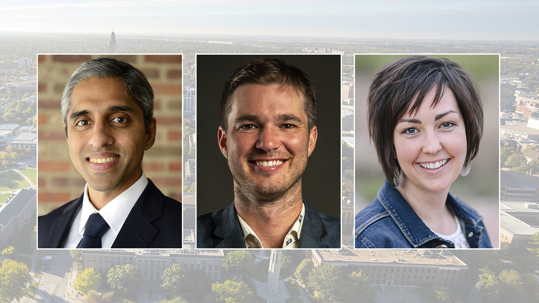 Color portraits of Dr. Vivek Murthy, Orly Israel and Shaylyn Romney Garrett on a color campus background.