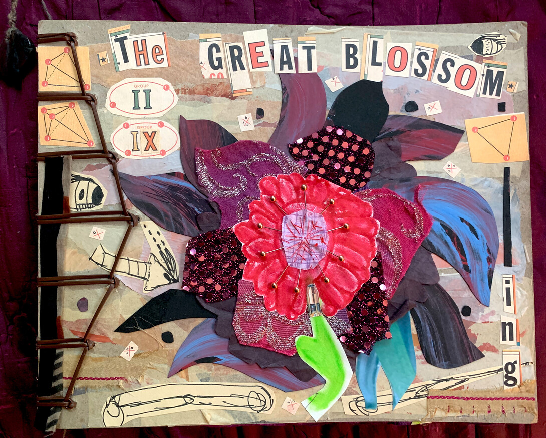 A journal cover with a colorful, abstract-looking flower and the words "The Great Blossoming."