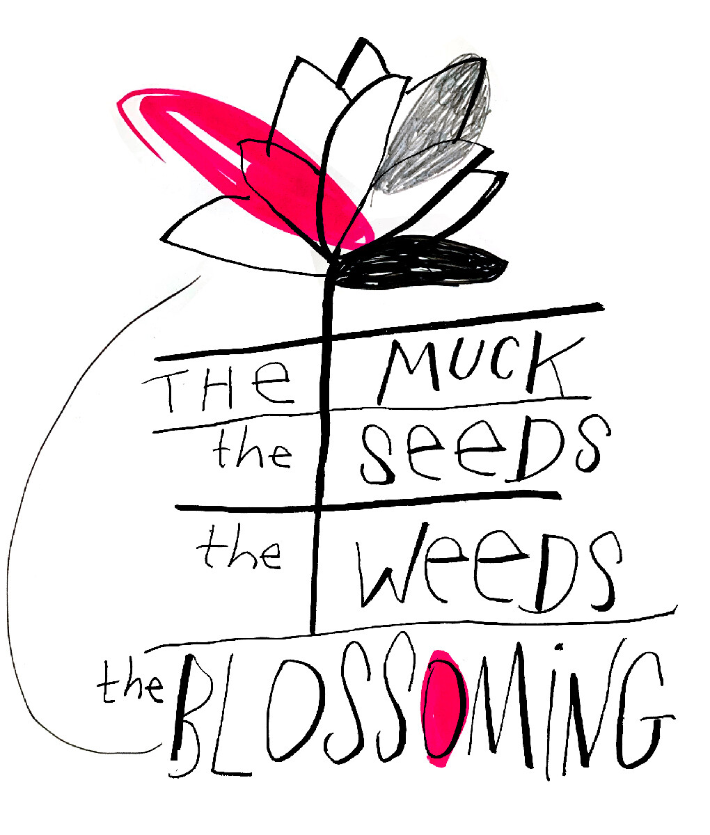 An illustration of a red-and-black flower with the words "The Muck, the Seeds, the Weeds, the Blossoming" written below it.